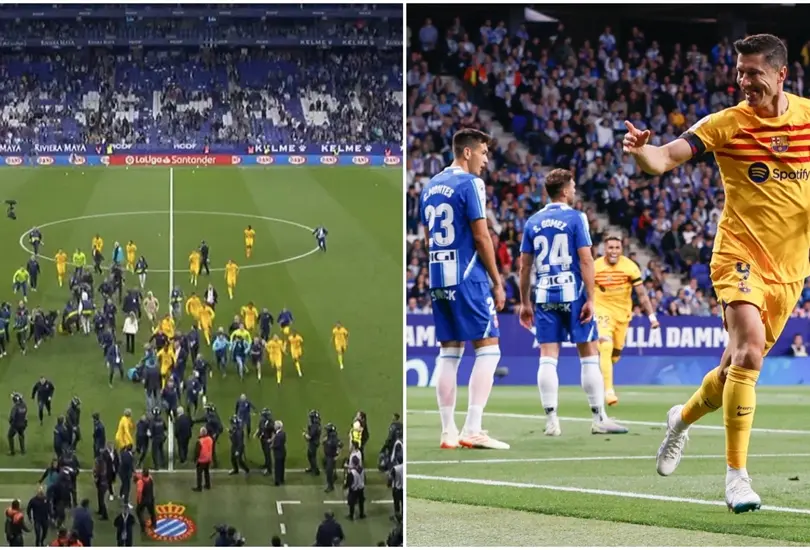 Los aficionados del Espanyol persiguieron a los jugadores del Barcelona buscando agredirlos después de que se coronaron campeones de LaLiga. Los aficionados del Espanyol persiguieron a los jugadores del Barcelona buscando agredirlos después de que se coronaron campeones de LaLiga.