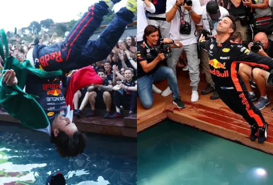 Sergio Checo Pérez y Daniel Ricciardo han podido hacer el tradicional salta en la piscina de Red Bull. 