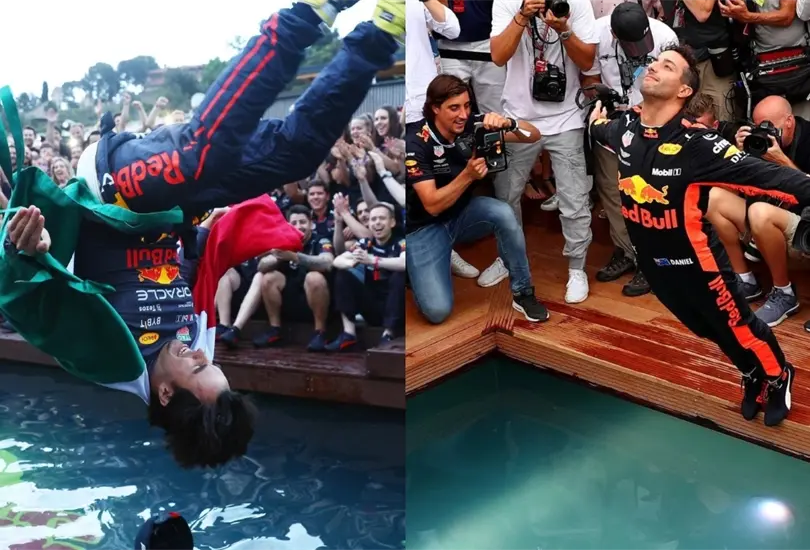 Sergio Checo P&eacute;rez y Daniel Ricciardo han podido hacer el tradicional salta en la piscina de Red Bull. 