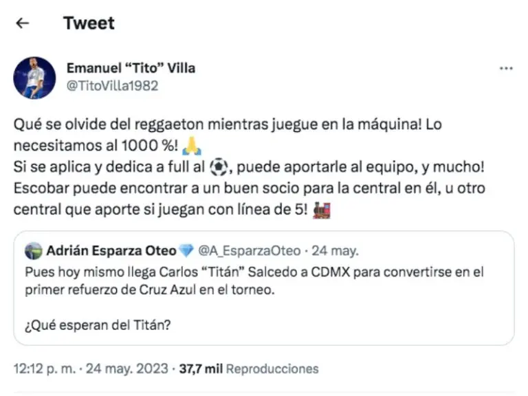 Tito Villa le mandó un recado a Carlos Salcedo por su llegada a Cruz Azul - Captura
