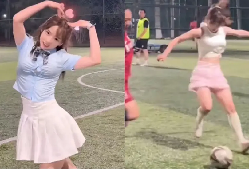 La chica futbolista ha causado sensación en redes sociales por su peculiar forma de hacerlo: en falda. La chica futbolista ha causado sensación en redes sociales por su peculiar forma de hacerlo: en falda.