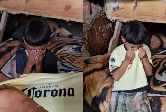 Un niño no pudo contener las lágrimas luego de que le regalaran un jersey del América y un colchón nuevo.