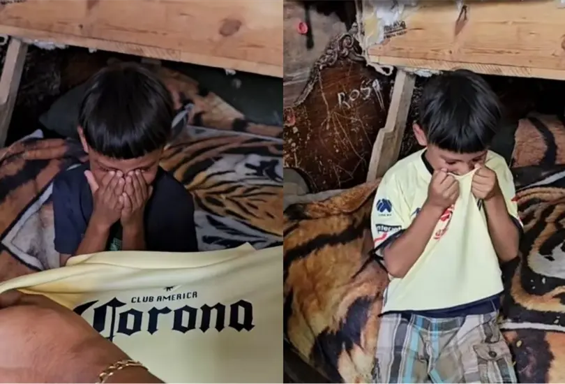 Un ni&ntilde;o no pudo contener las l&aacute;grimas luego de que le regalaran un jersey del Am&eacute;rica y un colch&oacute;n nuevo.