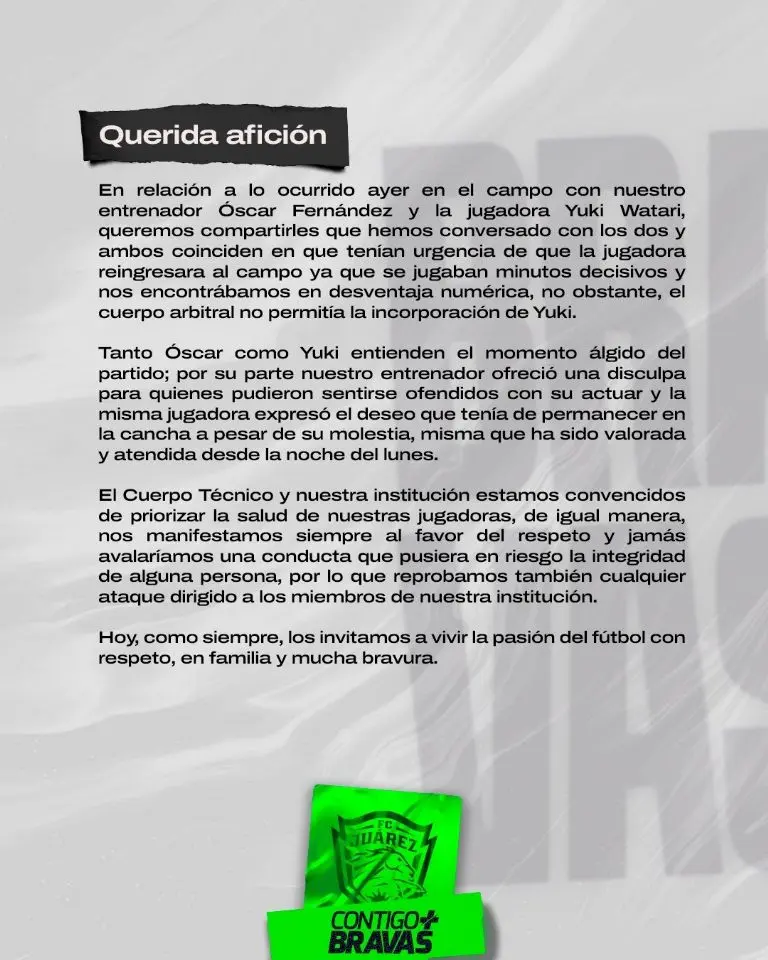Comunicado oficial de Juárez Femenil sobre la polémica. @FemenilFcJuarez