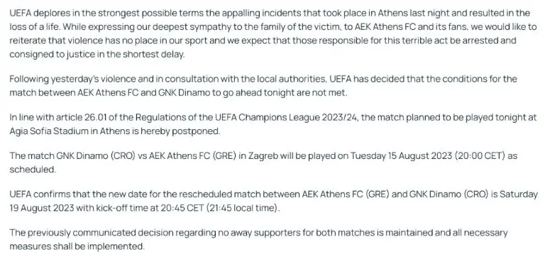 UEFA condenó los actos de violencia que se dieron previo al AEK Atenas vs Dinamo de Zagreb - Captura