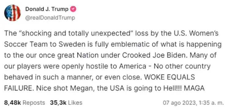 Así se ve el mensaje que Trump subió a su red social. TruthSocial