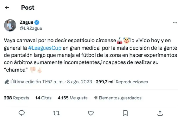 Zague explotó contra el arbitraje de la Leagues Cup 2023 - Captura