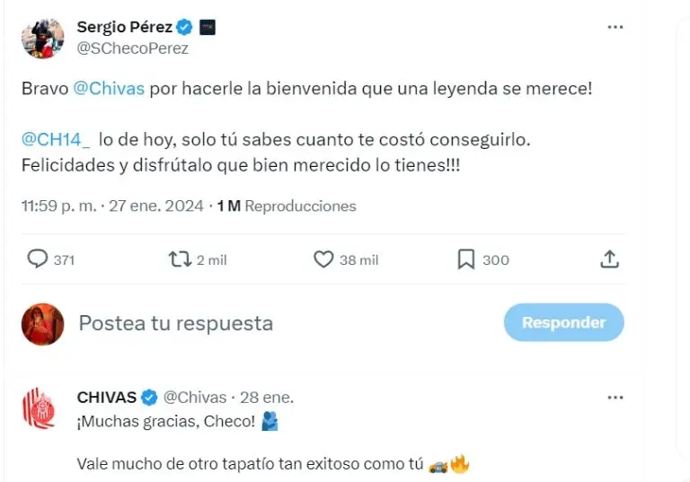 Este fue el post que Pérez le dedicó al delantero. Captura de pantalla