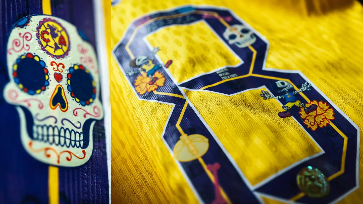 América. Las ´Águilas´ estrenaron una tipografía relacionada con el Día de Muertos ante los ´Rayados´ de Monterrey, en los números se ven calaveritas de azúcar, huesos, pan de muerto, flores de cempasúchil y a las mascotas ´Agui´ y ´Avi´. 