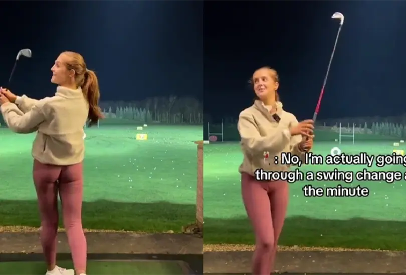 Una profesional del golf grab&oacute; su reacci&oacute;n luego de que quisieran ense&ntilde;arle a jugar.
