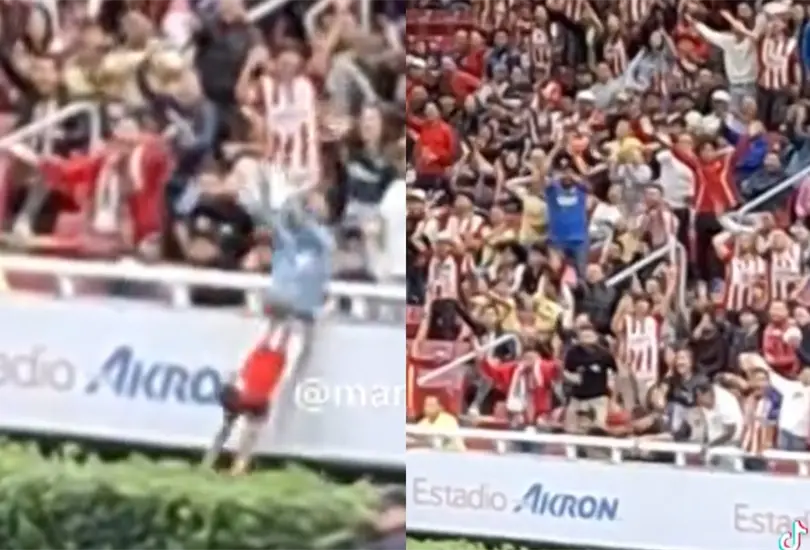 Un aficionado de Chivas cay&oacute; al fondo del estadio.