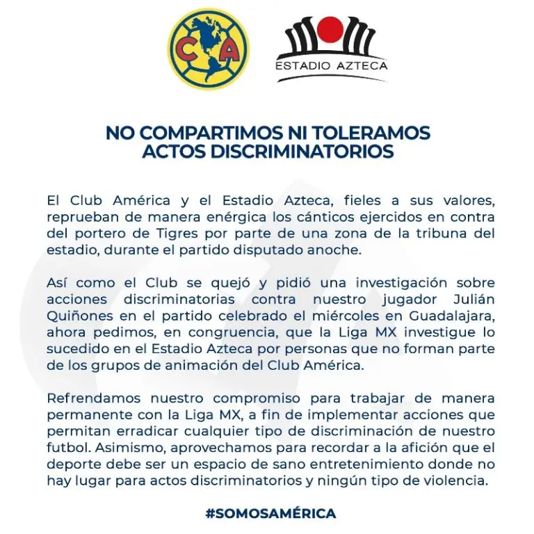 América respondió a Nahuel Guzmán tras acusar a un colectivo femenino de gritarle palabras homofóbicas - Twitter @ClubAmerica