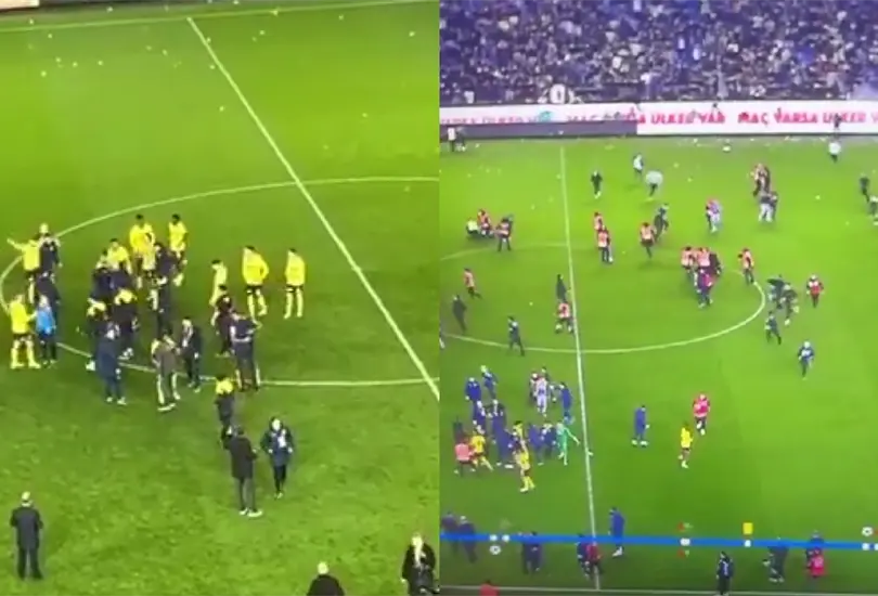 La afici&oacute;n se meti&oacute; al terreno de juego y los jugadores respondieron a la violencia.