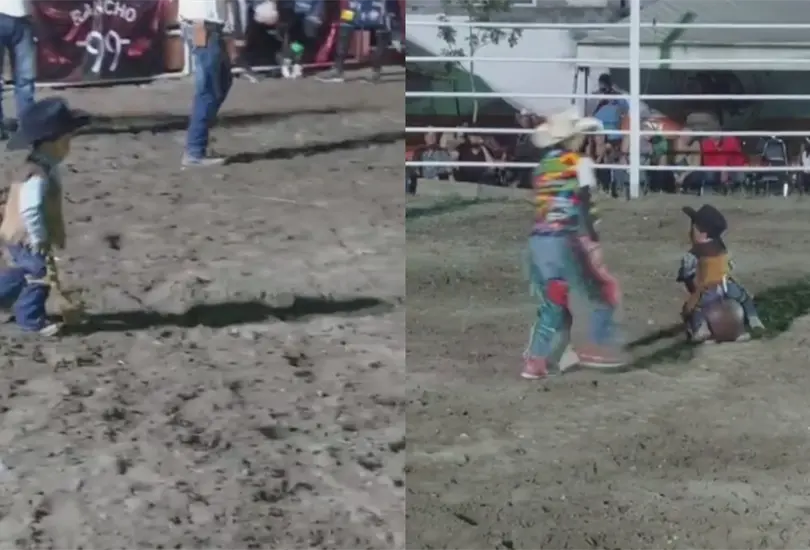 El pequeño sorprendió a todos con su valentía al entrar al rodeo. El pequeño sorprendió a todos con su valentía al entrar al rodeo.