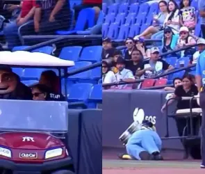 El inédito accidente que protagonizó una botarga de Minión en un partido de beisbol (VIDEO)