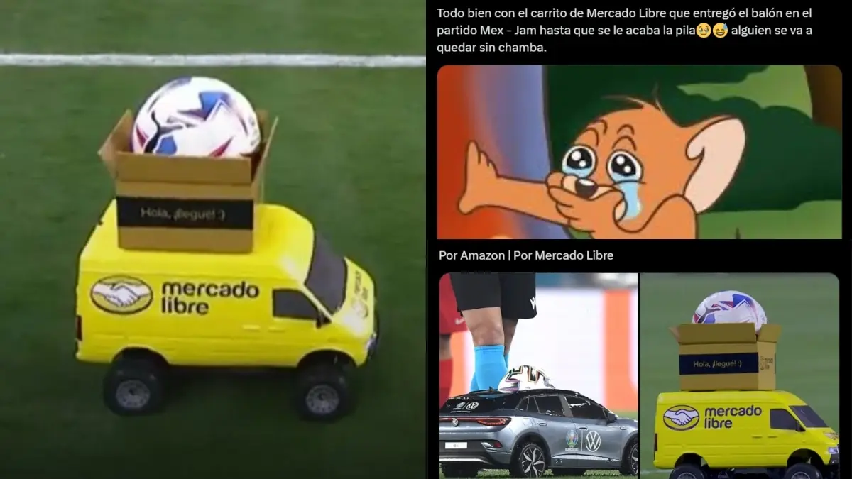 Un carrito de Mercado Libre entregó la pelota antes del inicio del México vs Jamaica en la Copa América 2024.