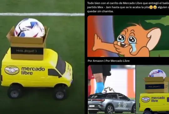 Un carrito de Mercado Libre entregó la pelota antes del inicio del México vs Jamaica en la Copa América 2024.