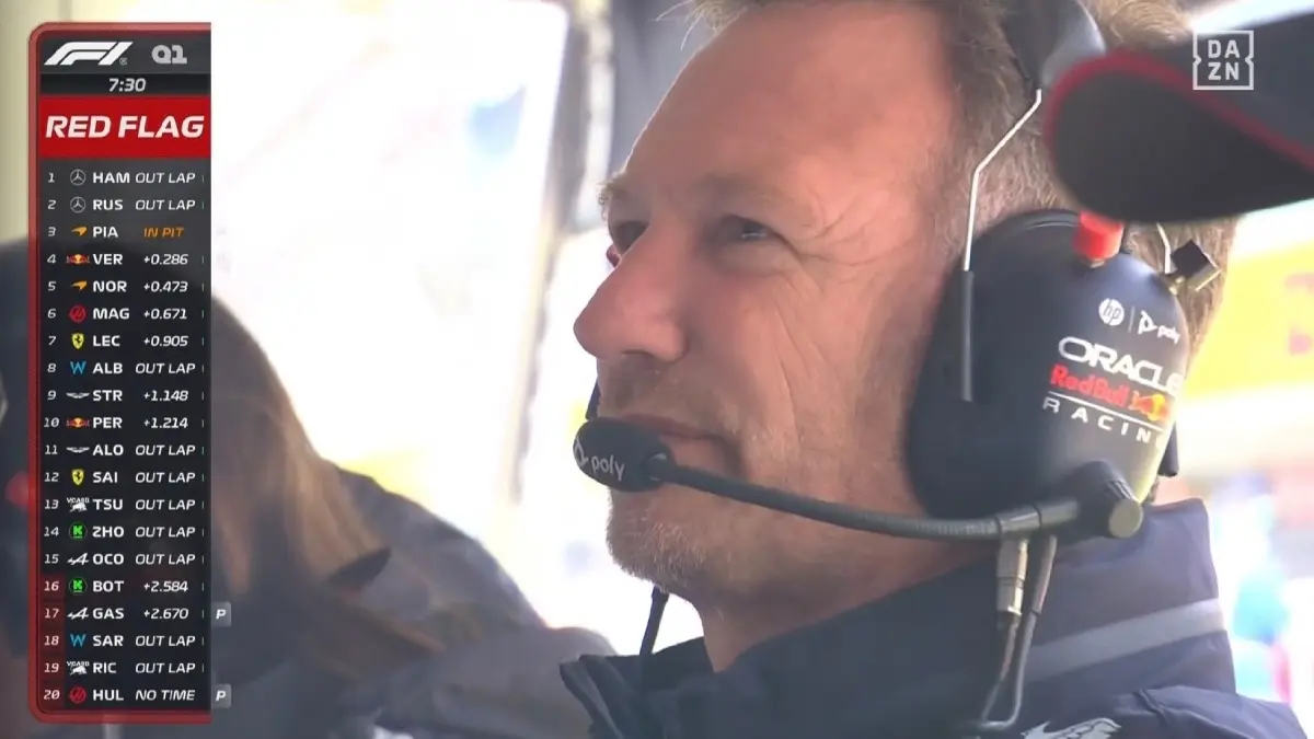 La cara de Christian Horner fue sumamente expresiva luego de que Sergio Pérez acumulara otra bandera roja en su historial.