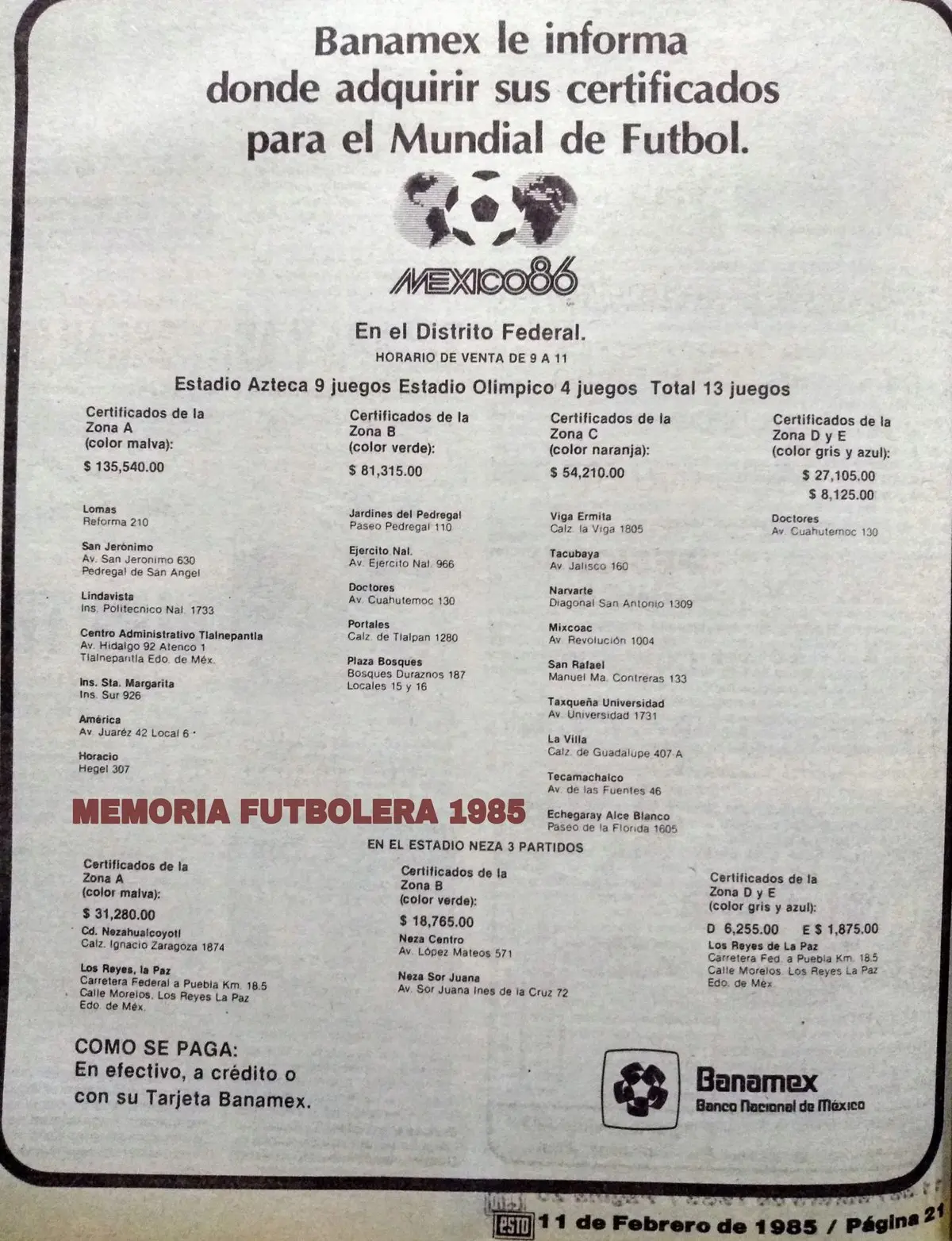 Anuncio con los precios de las series para el Mundial 1986. X, Archivo Futbolero