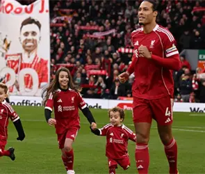 Los hijos de Diogo Jota entraron a la cancha de la mano de Van Dijk
