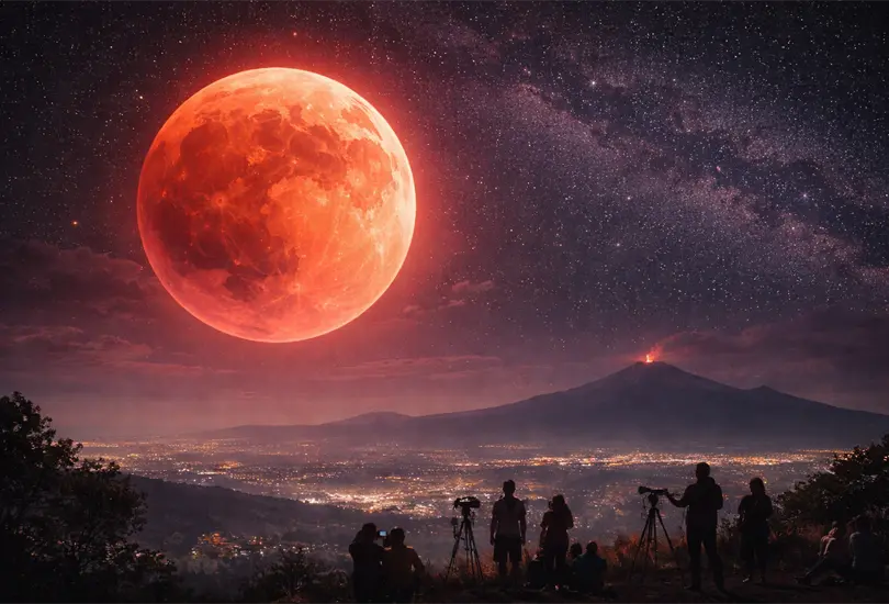 Luna de Sangre durante la fase total del eclipse lunar, cuando la sombra de la Tierra tiñe de rojo la superficie del satélite natural en el cielo nocturno de México. Luna de Sangre durante la fase total del eclipse lunar, cuando la sombra de la Tierra tiñe de rojo la superficie del satélite natural en el cielo nocturno de México.