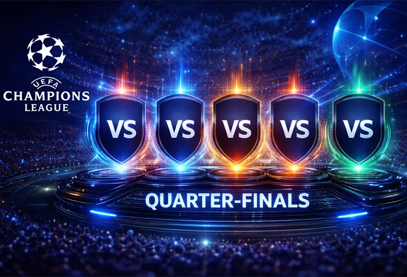 Los ocho clasificados celebran su pase a los Cuartos de Final de la Champions League rumbo a Budapest.