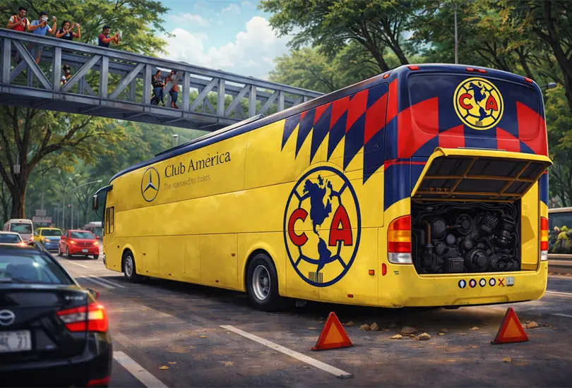 El cami&oacute;n del Am&eacute;rica qued&oacute; varado en R&iacute;o Churubusco rumbo al Estadio Azteca.