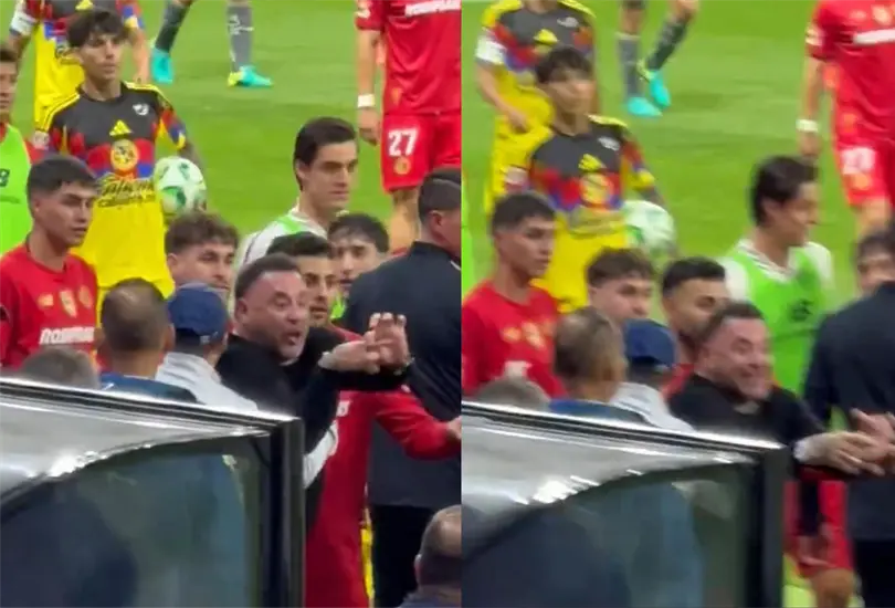 Antonio "Turco" Mohamed realiza se&ntilde;a ofensiva hacia la banca del Am&eacute;rica durante la bronca en el Estadio Banorte.