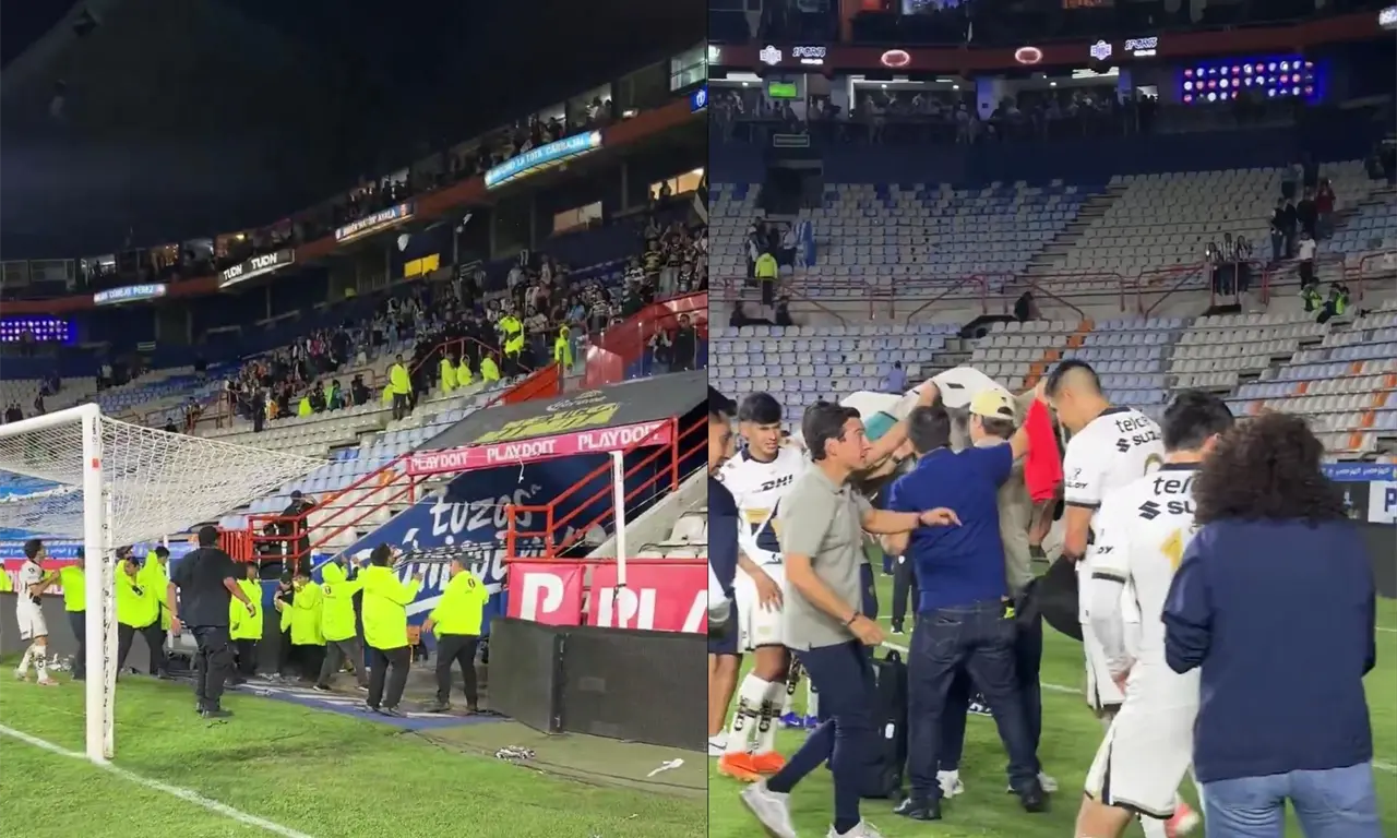  Pumas salió del Hidalgo protegido con una lona tras los objetos lanzados por la porra de Pachuca. 