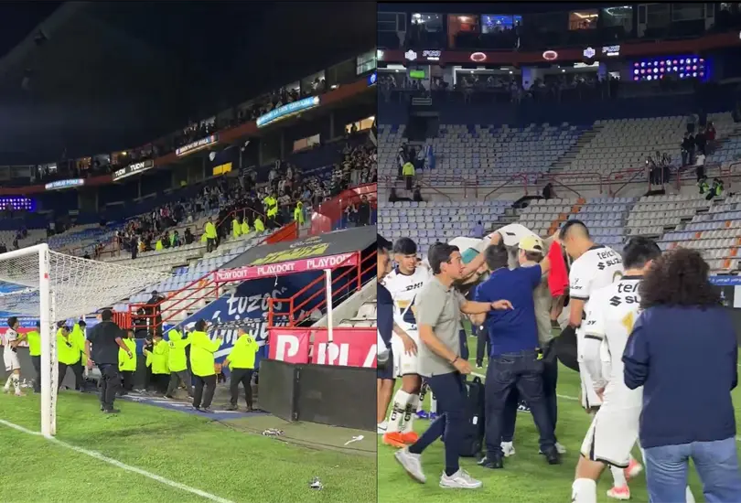 Pumas sali&oacute; del Hidalgo protegido con una lona tras los objetos lanzados por la porra de Pachuca.
