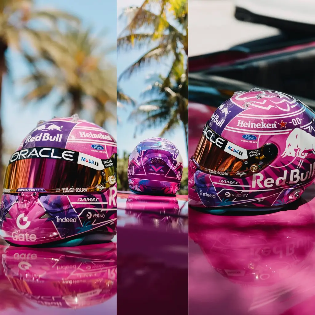 Max Verstappen: Base en rosa y morado, alej&aacute;ndose de Red Bull.