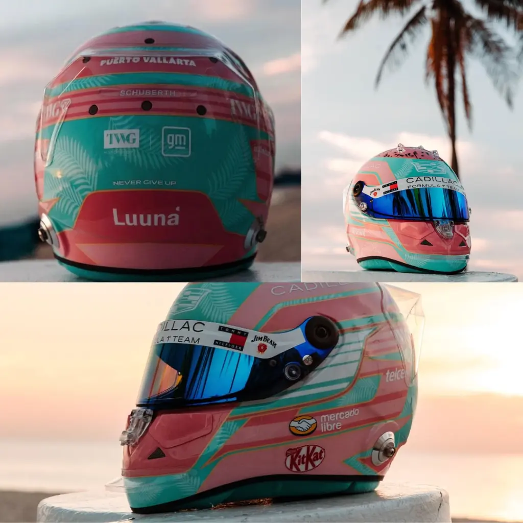 Checo P&eacute;rez: Rosa mate y azul agua con palmeras y logo de Cadillac.