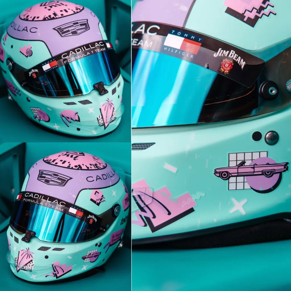 Valtteri Bottas: Retro noventero en menta y lila, con Cadillac rosa.