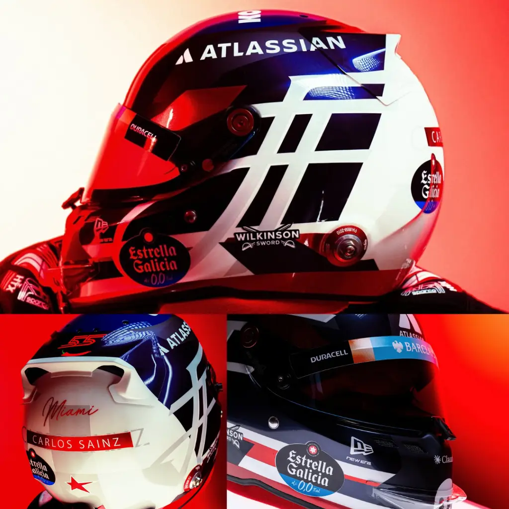 Carlos Sainz: Geometr&iacute;a en rojo, blanco y azul con "Miami" en cursiva.