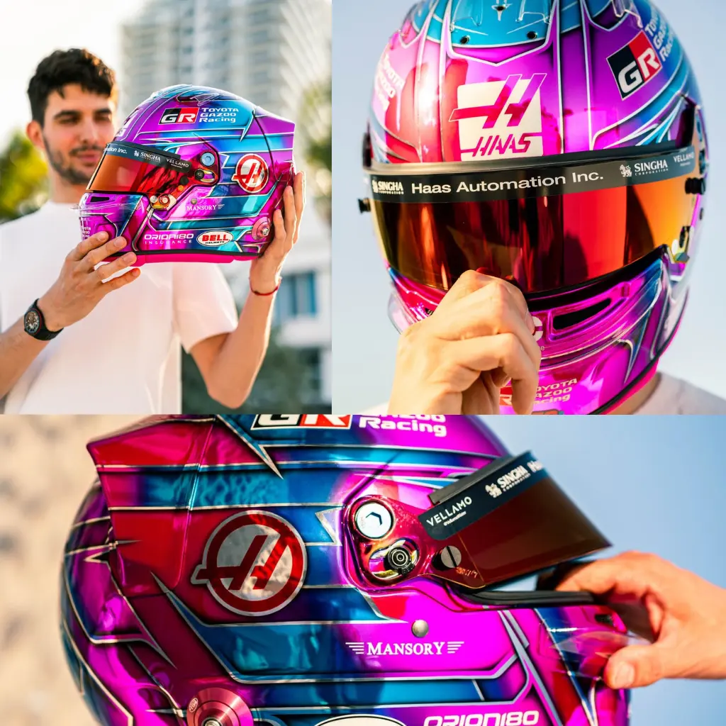 Esteban Ocon: Casco cromo con est&eacute;tica tropical art deco.