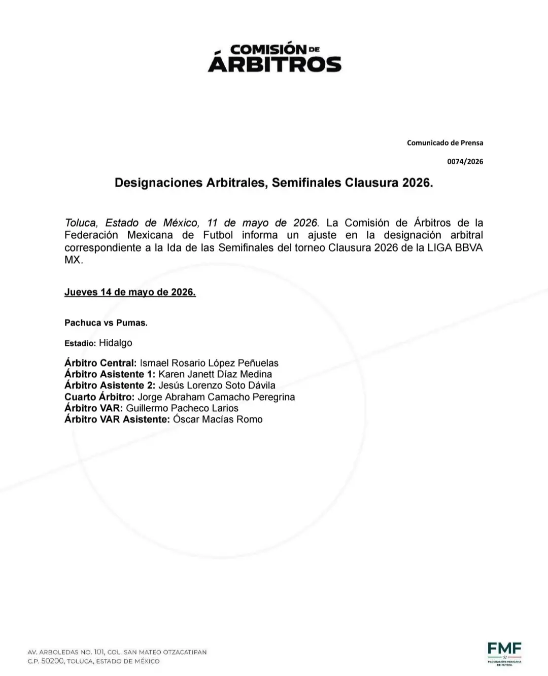 Comunicado oficial y cambio de designaci&oacute;n