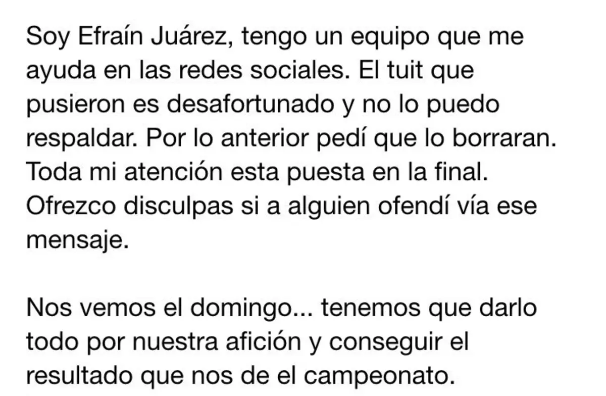 Las disculpas de Efraín Juárez tras el desafortunado tweet Las disculpas de Efraín Juárez tras el desafortunado tweet