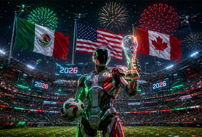 La inteligencia artificial toma el bal&oacute;n del Mundial 2026: M&eacute;xico, Estados Unidos y Canad&aacute; unidos bajo una misma pasi&oacute;n futurista.
