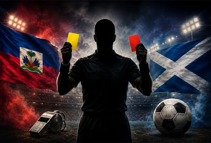 Arbitraje bajo la lupa: tarjetas, silbato y banderas de Hait&iacute; y Escocia en tensi&oacute;n mundialista.