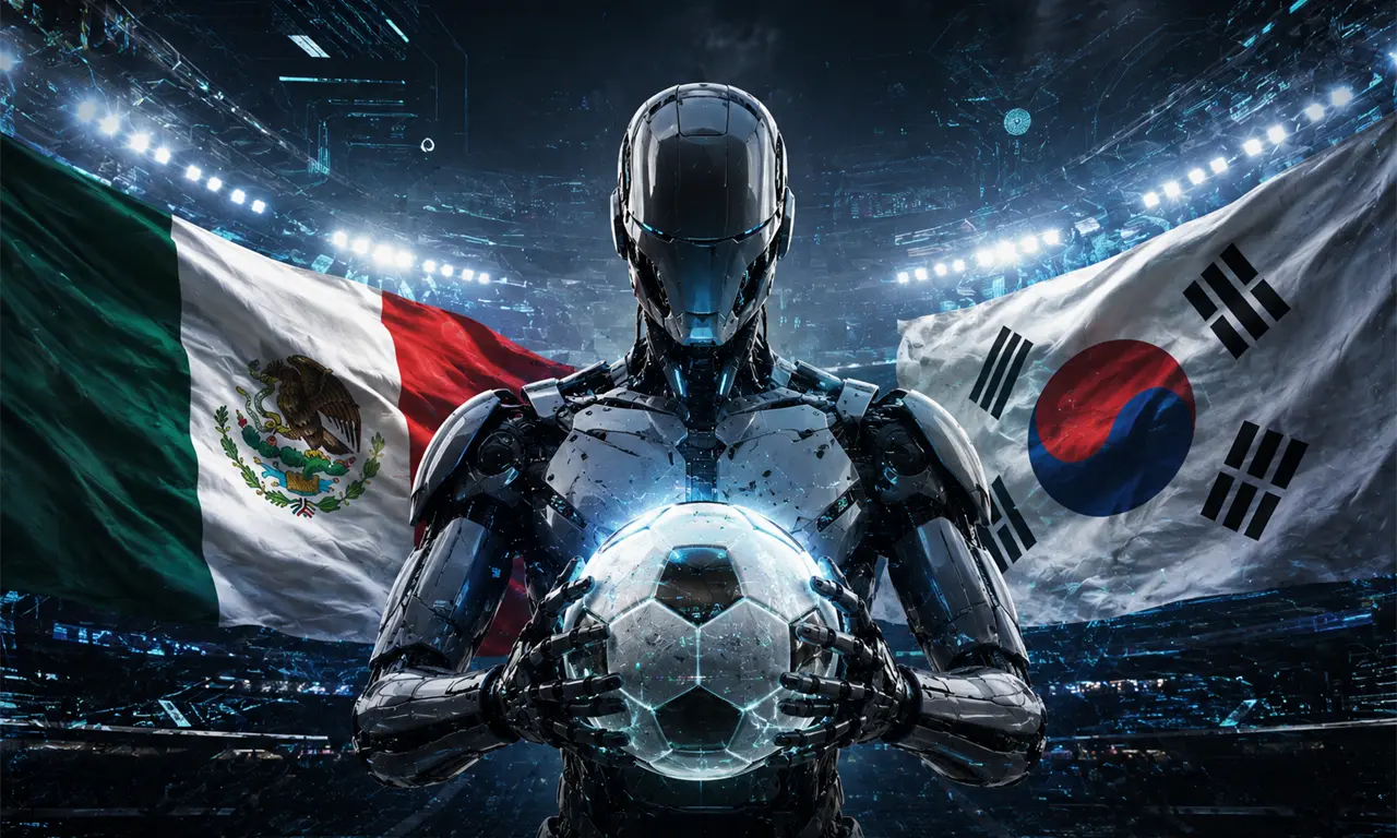  Un robot sostiene un balón entre las banderas de México y Corea del Sur, simbolizando la predicción tecnológica del Mundial 2026. 