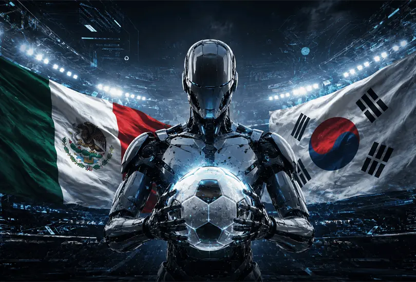 Un robot sostiene un balón entre las banderas de México y Corea del Sur, simbolizando la predicción tecnológica del Mundial 2026. Un robot sostiene un balón entre las banderas de México y Corea del Sur, simbolizando la predicción tecnológica del Mundial 2026.