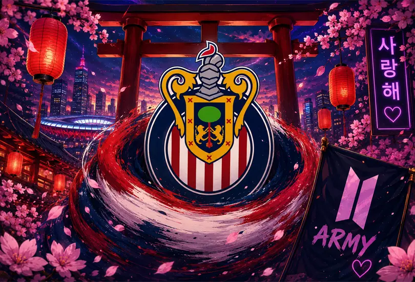 El escudo de Chivas se funde con símbolos orientales en plena era mundialista: del campamento de Corea en Verde Valle a la bienvenida oficial de las ARMY. El escudo de Chivas se funde con símbolos orientales en plena era mundialista: del campamento de Corea en Verde Valle a la bienvenida oficial de las ARMY.
