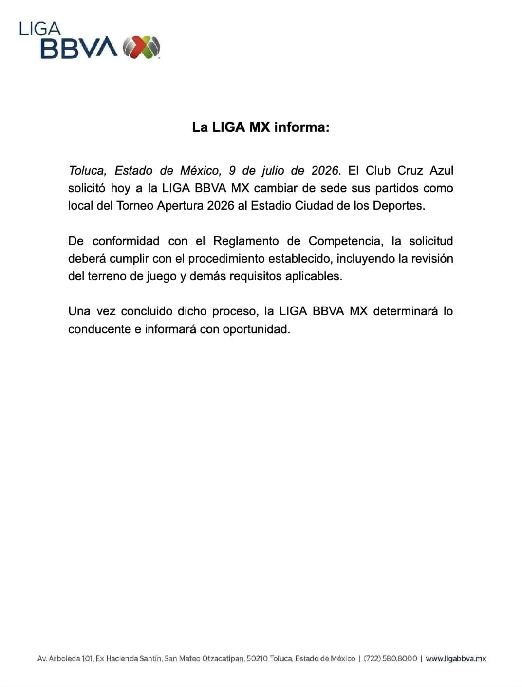 El comunicado oficial de la Liga MX. El comunicado oficial de la Liga MX.