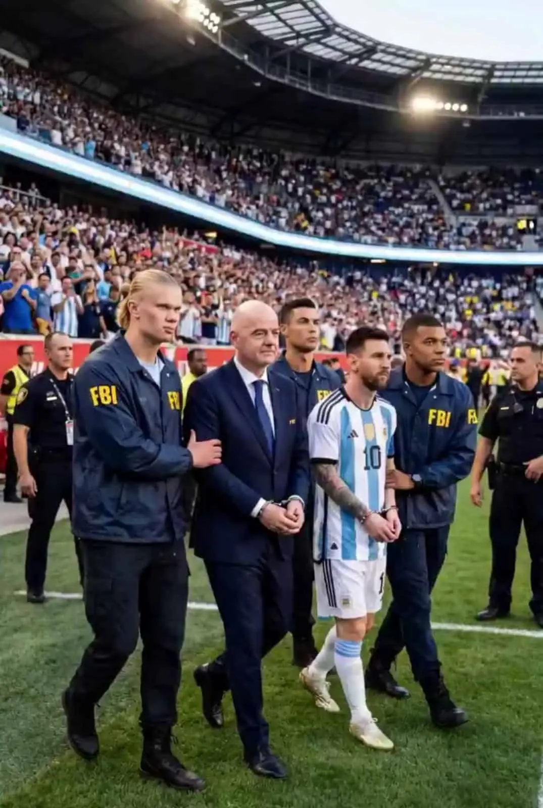Halaand y Mbappe poniendo orden y arrestando a Messi e Infantino