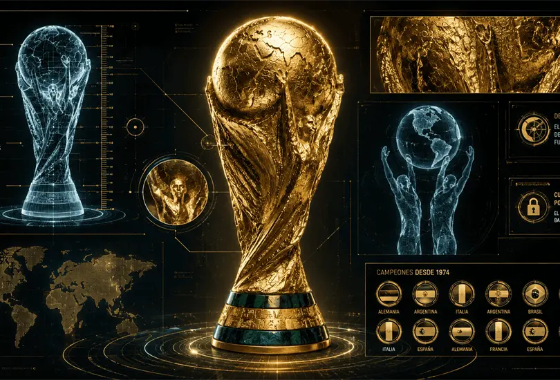 El trofeo de la Copa Mundial, oro y gloria desde 1974, custodiado por FIFA. El trofeo de la Copa Mundial, oro y gloria desde 1974, custodiado por FIFA.