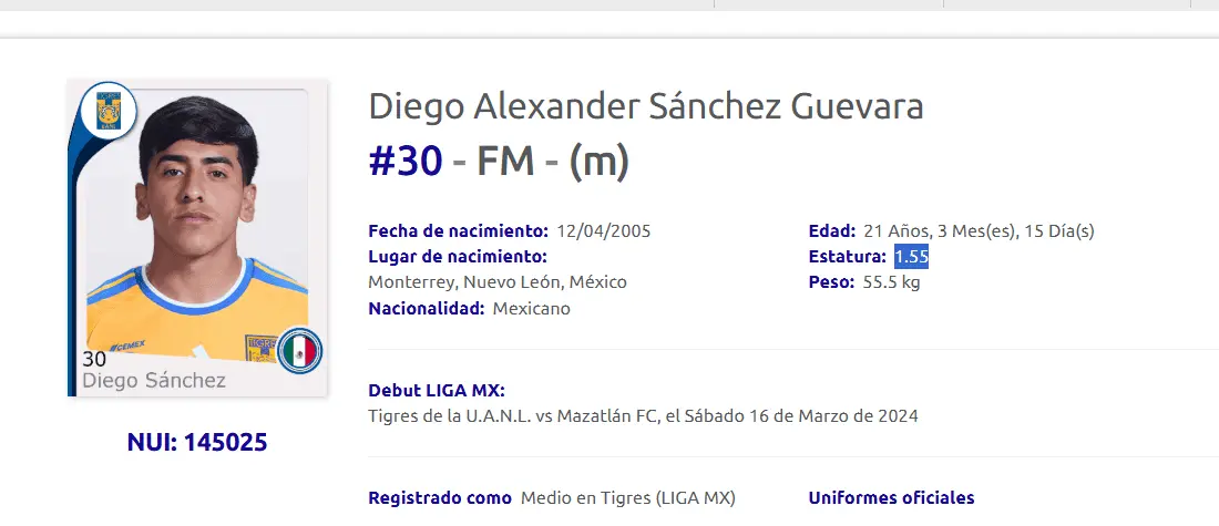 Registro en Transfermarkt de Diego S&aacute;nchez