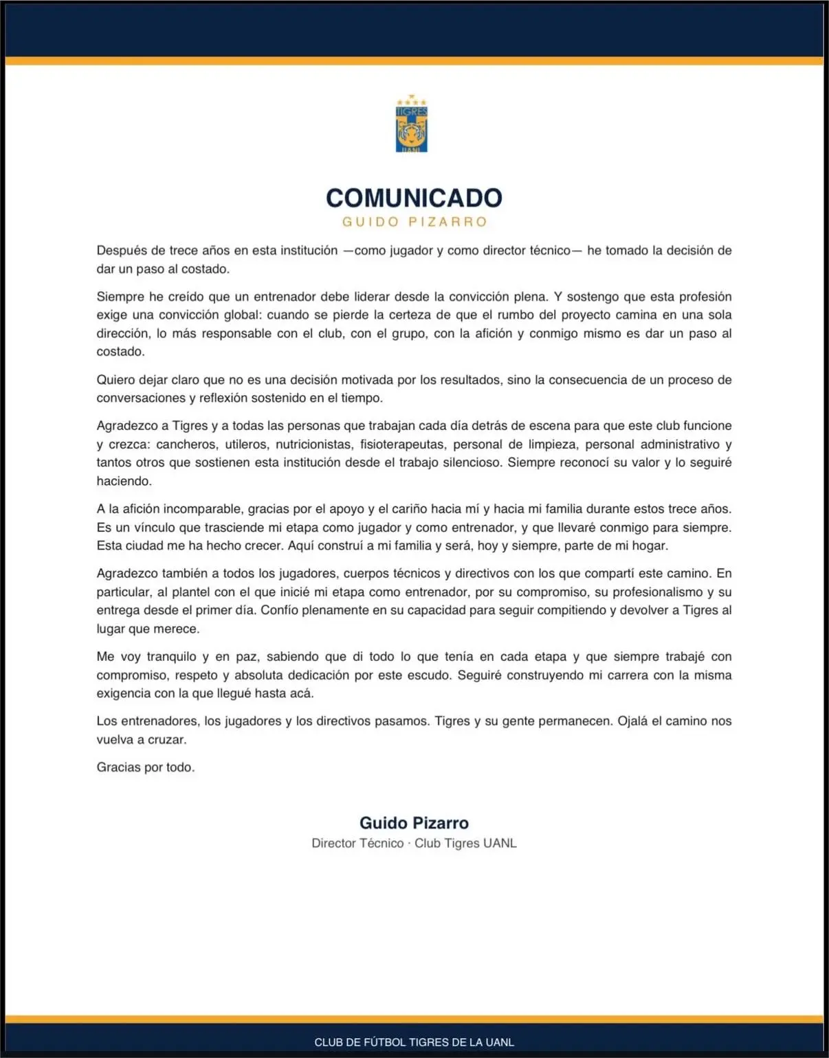 La explicaci&oacute;n de Guido Pizarro sobre su salida de Tigres.