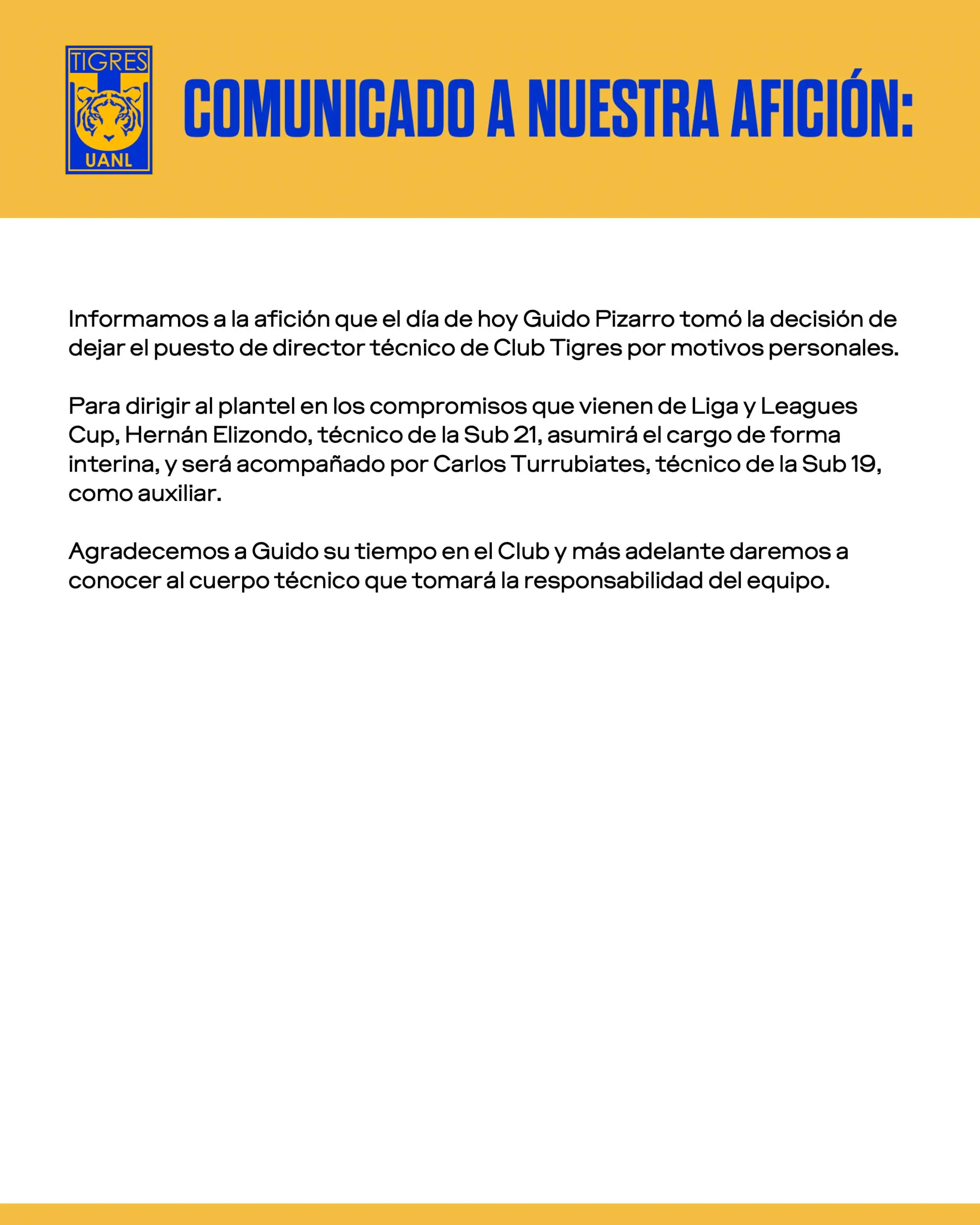 El comunicado oficial de Tigres.