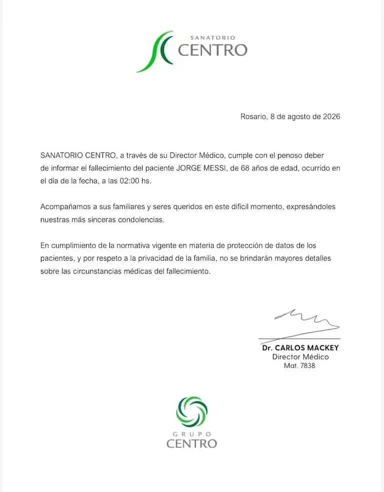 El comunicado del sanatorio por la muerte de Jorge Messi, padre de Lionel. El comunicado del sanatorio por la muerte de Jorge Messi, padre de Lionel.